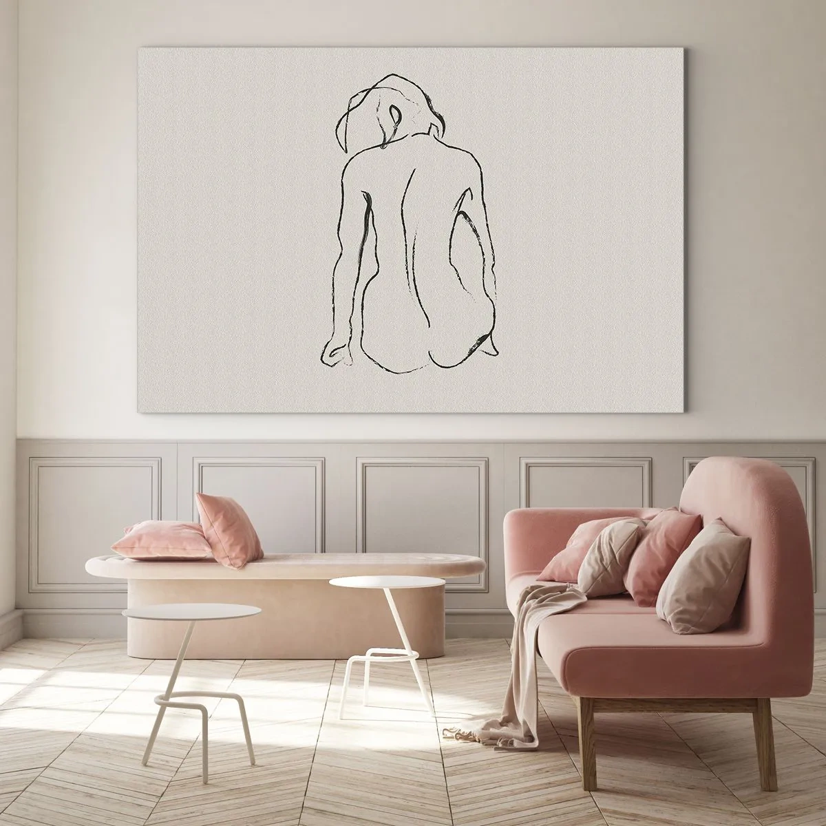 Schilderen op glas - Een delicate schets van een zittende vrouw, getekend in zwart op een lichte achtergrond. - 70x50cm - Naakt meisje - Moderne wanddecoratie voor woonkamer en slaapkamer ARTTOR
