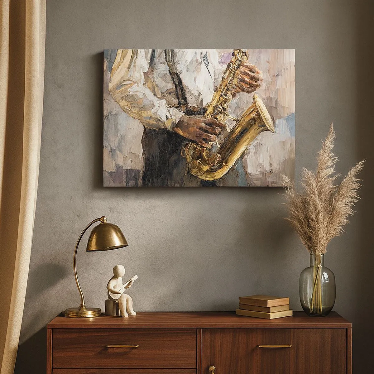 Schilderen op canvas - Een muzikant die op een artistieke manier saxofoon speelt - 70x50cm - Tijd om te solo te spelen - Moderne wanddecoratie voor woonkamer en slaapkamer ARTTOR