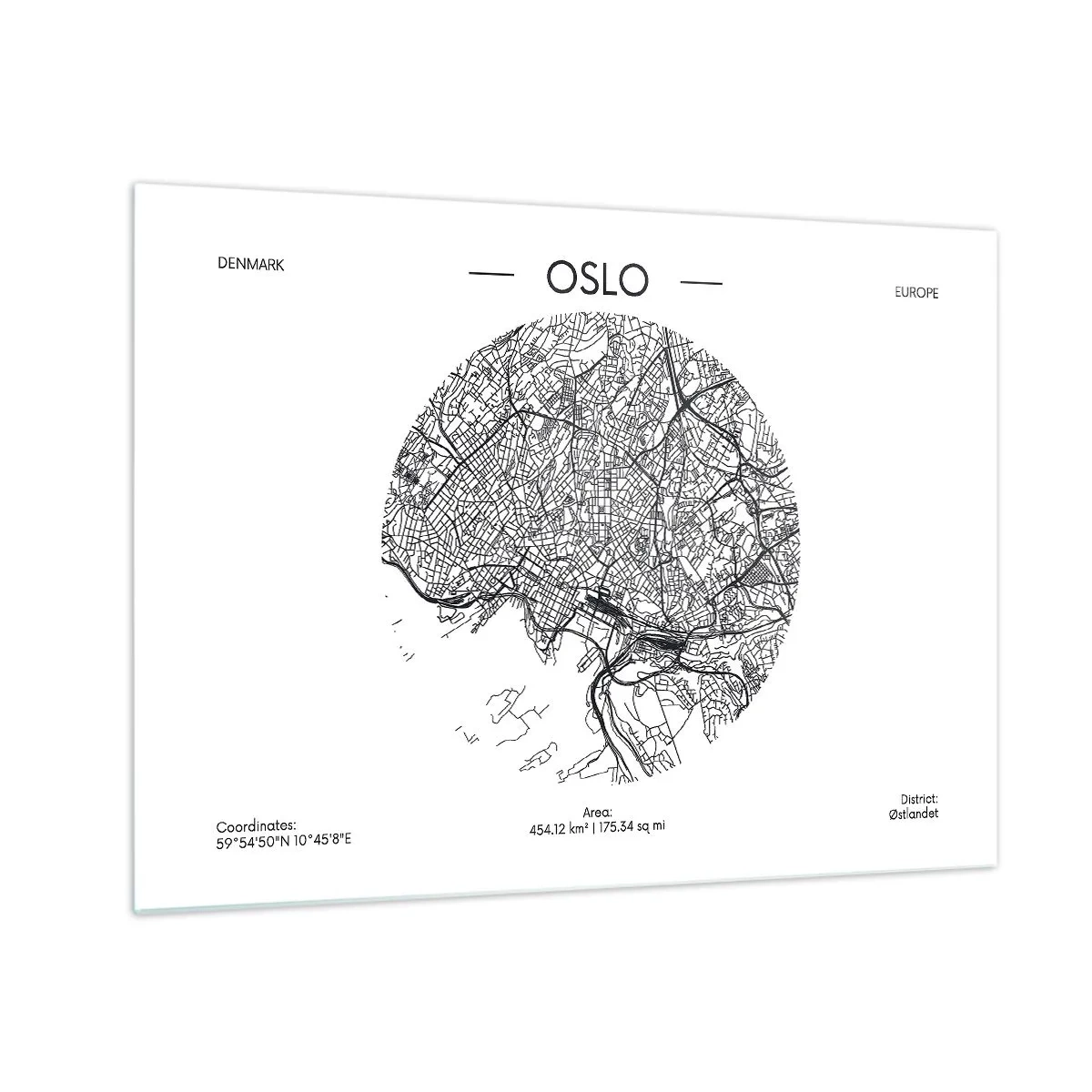 Schilderen op glas - Stadskaart van Oslo in zwart-wit grafische stijl - 70x50cm - Anatomie van Oslo - Moderne wanddecoratie voor woonkamer en slaapkamer ARTTOR