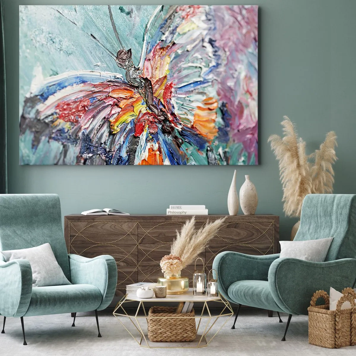 Schilderen op canvas - Kleurrijke impasto vlinder op een pastel achtergrond - 70x50cm - Geschilderd door de natuur - Moderne wanddecoratie voor woonkamer en slaapkamer ARTTOR