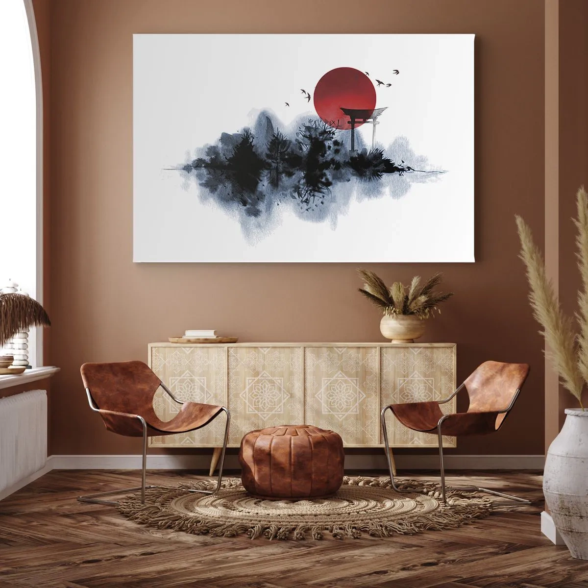 Schilderen op canvas - Rode zon boven een schilderachtig landschap met torii - 70x50cm - Japanse weergave - Moderne wanddecoratie voor woonkamer en slaapkamer ARTTOR