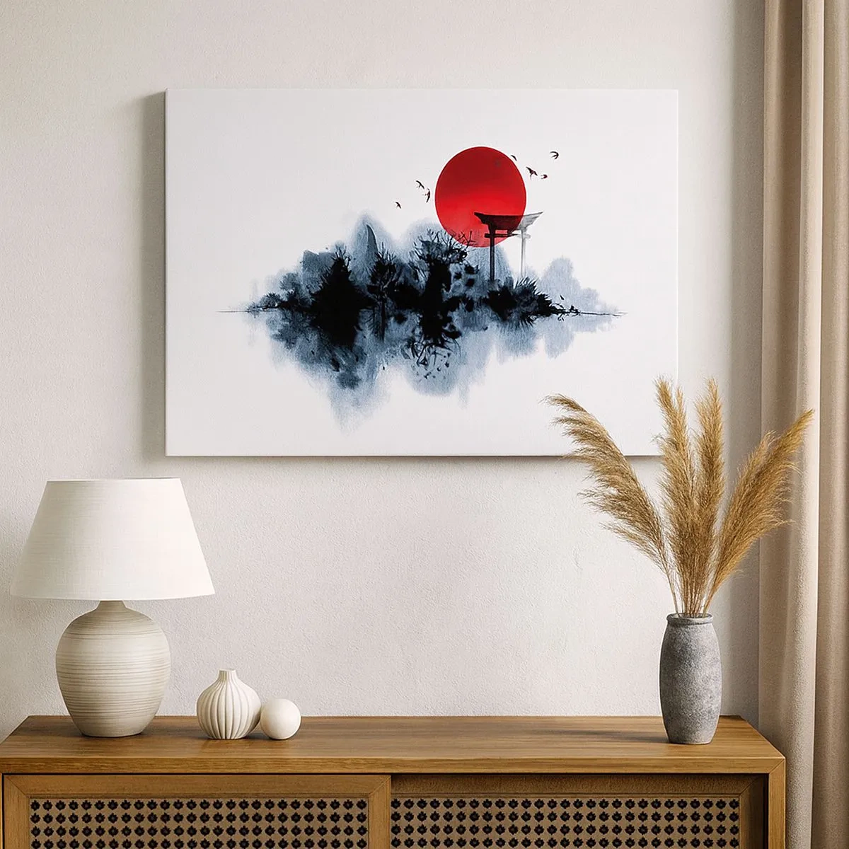 Schilderen op canvas - Rode zon boven een schilderachtig landschap met torii - 70x50cm - Japanse weergave - Moderne wanddecoratie voor woonkamer en slaapkamer ARTTOR