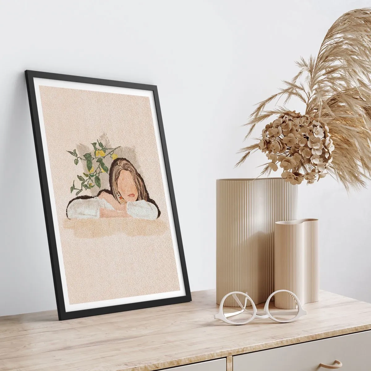 Poster in een zwarte lijst - Een peinzende figuur omringd door de natuur - 50x70cm - Zuidelijke schoonheid - Moderne wanddecoratie voor woonkamer en slaapkamer ARTTOR