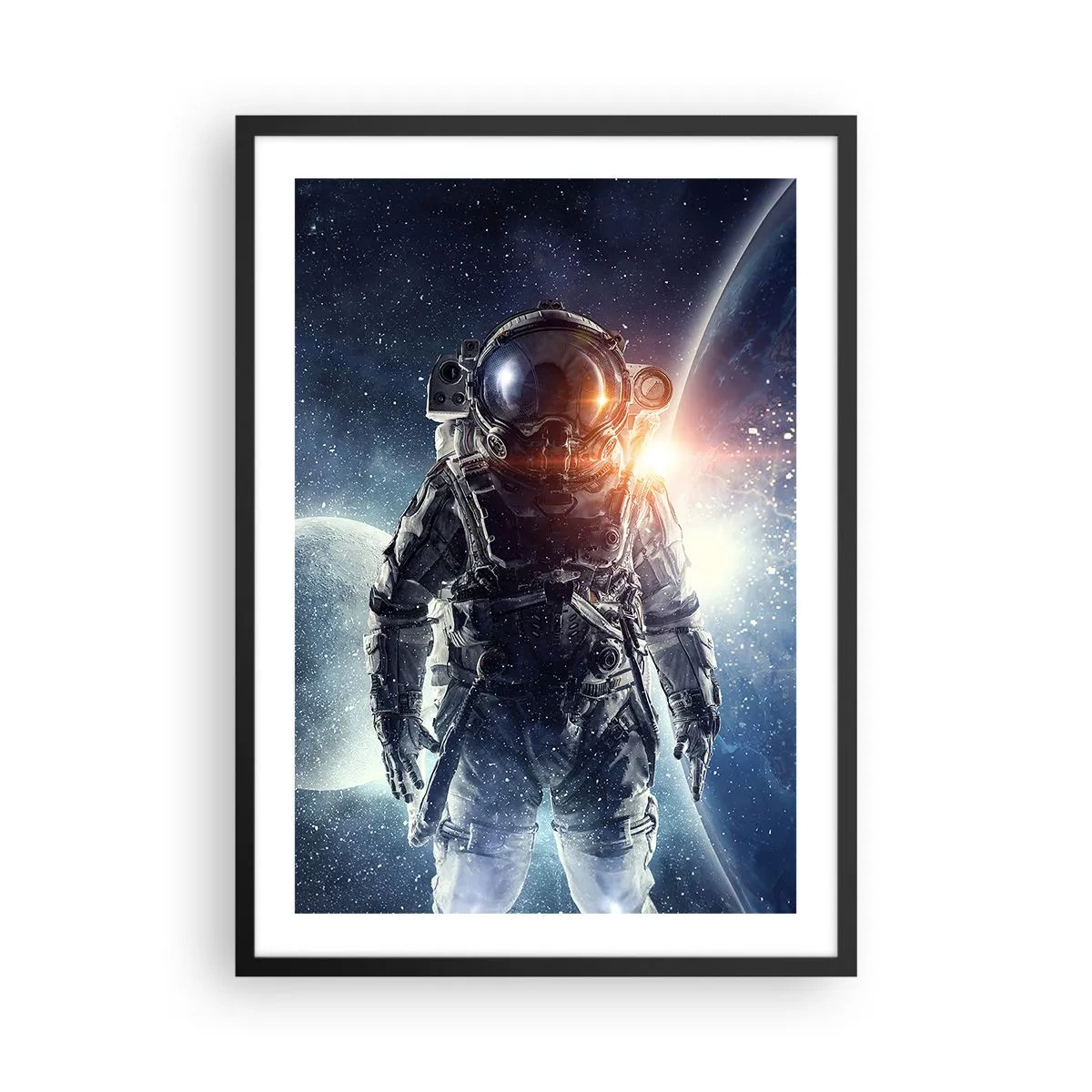 Poster in een zwarte lijst - Astronaut in de ruimte met planeten en sterren op de achtergrond - 50x70cm - Ruimte avontuur - Moderne wanddecoratie voor woonkamer en slaapkamer ARTTOR