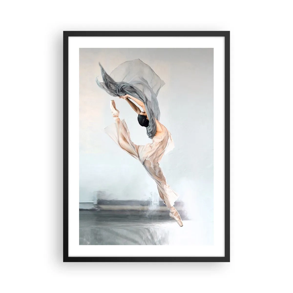 Poster in een zwarte lijst - Een ballerina danst met een delicate sjaal tegen een lichte achtergrond - 50x70cm - In dans vervoering - Moderne wanddecoratie voor woonkamer en slaapkamer ARTTOR