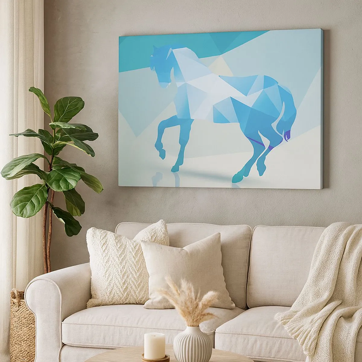 Schilderen op canvas - Geometrisch silhouet van een paard in tinten blauw - 70x50cm - Geometrisch paard in turkoois - Moderne wanddecoratie voor woonkamer en slaapkamer ARTTOR