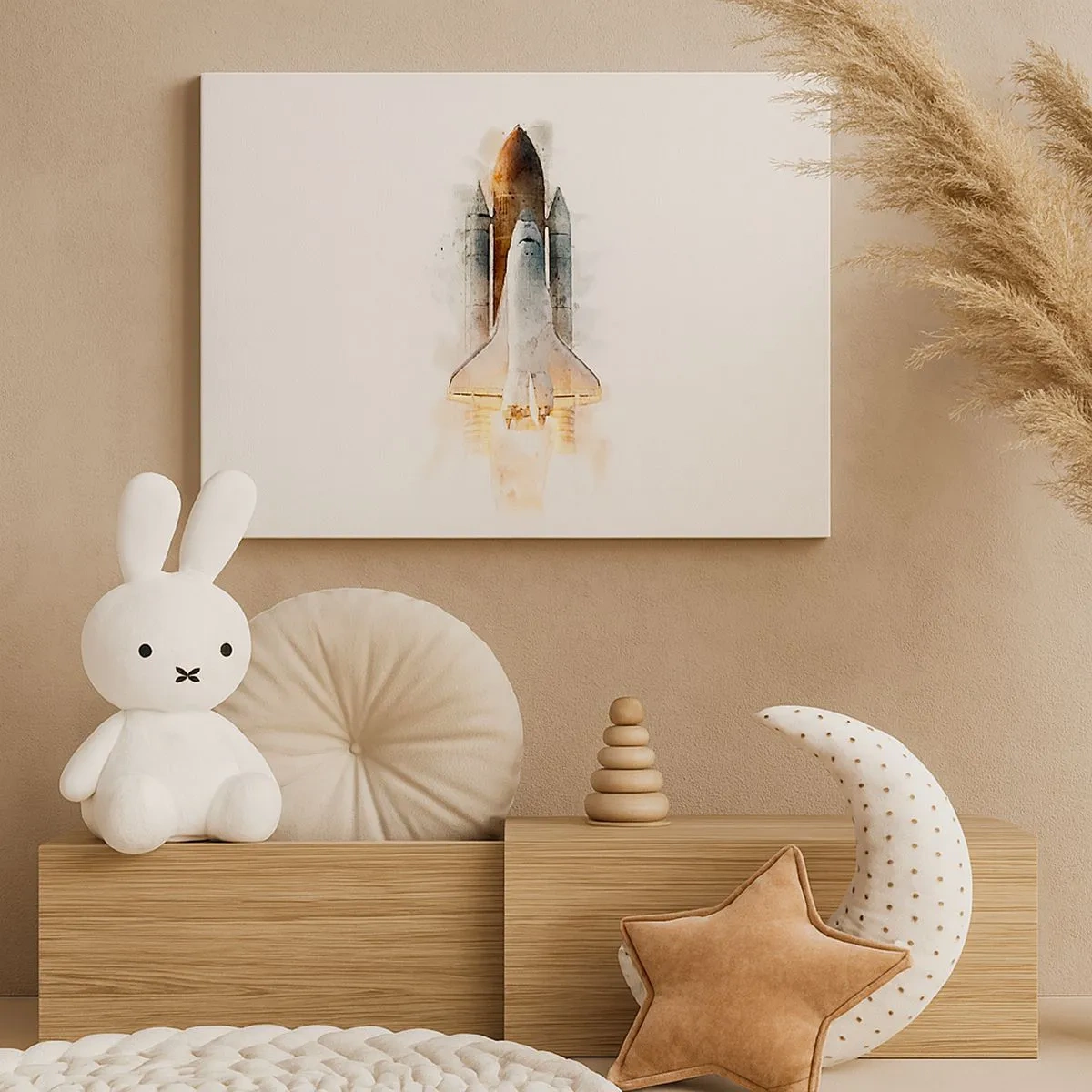 Schilderen op canvas - Een artistieke aquarelinterpretatie van een opstijgende spaceshuttle - 70x50cm - Ontdekkingsreizigers, aan de slag - Moderne wanddecoratie voor woonkamer en slaapkamer ARTTOR