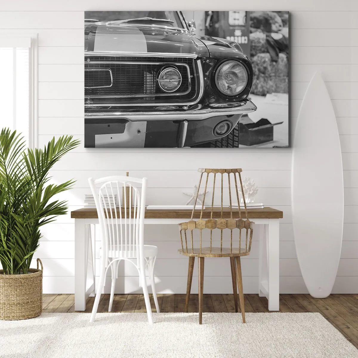 Schilderen op canvas - Zwart-witte klassieke automotorkap - 70x50cm - Hard rijden - Moderne wanddecoratie voor woonkamer en slaapkamer ARTTOR