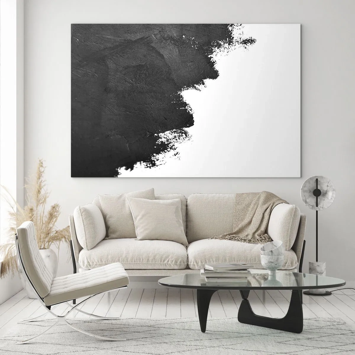 Schilderen op glas - Zwarte verftextuur op een witte achtergrond in een minimalistische stijl - 70x50cm - Elementen: aarde - Moderne wanddecoratie voor woonkamer en slaapkamer ARTTOR