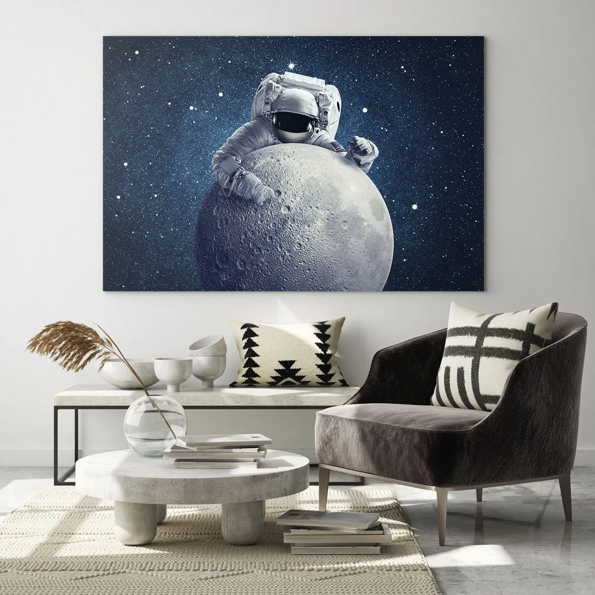 Schilderen op glas - Astronaut omhelst de maan tegen een sterrenhemel - 70x50cm - Ruimte grappenmaker - Moderne wanddecoratie voor woonkamer en slaapkamer ARTTOR