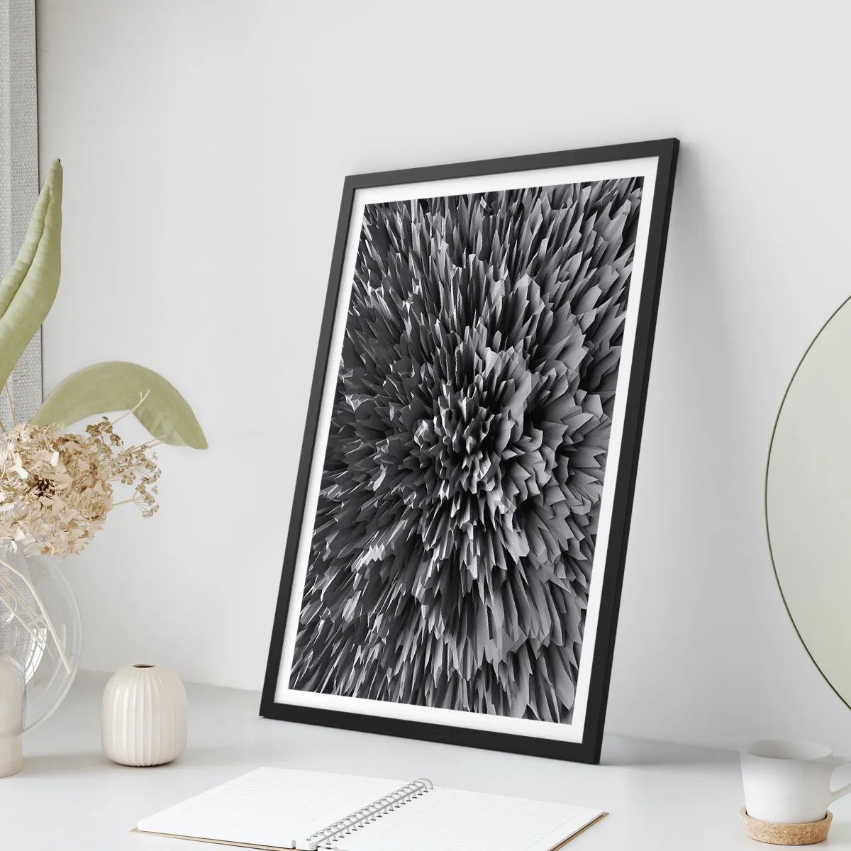 Poster in een zwarte lijst - Zwart-wit abstracte compositie met geometrische vormen - 50x70cm - Strikter kan het niet - Moderne wanddecoratie voor woonkamer en slaapkamer ARTTOR