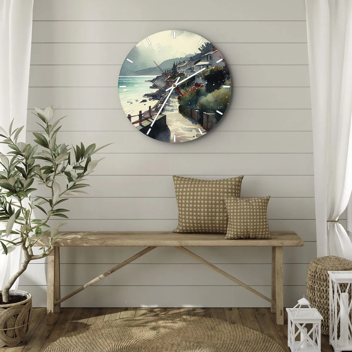 Wandklok - Klok - Een kustpad dat door mediterrane gebouwen loopt met uitzicht op zee - 30x30cm - Mediterrane stad - Moderne wanddecoratie voor woonkamer, keuken en slaapkamer ARTTOR