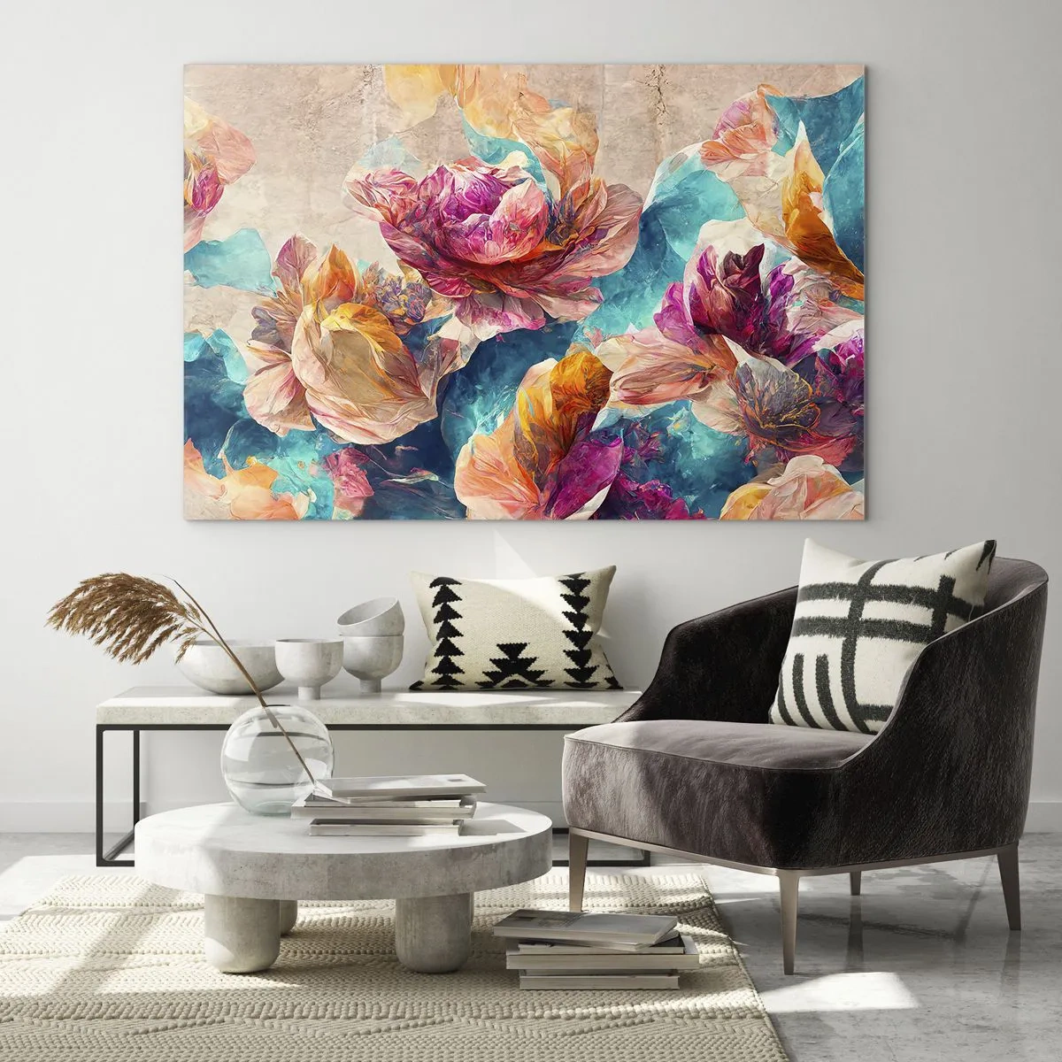 Schilderen op glas - Kleurrijke bloemen tegen een aquarelachtergrond - 70x50cm - Kleurrijke pracht van het boeket - Moderne wanddecoratie voor woonkamer en slaapkamer ARTTOR