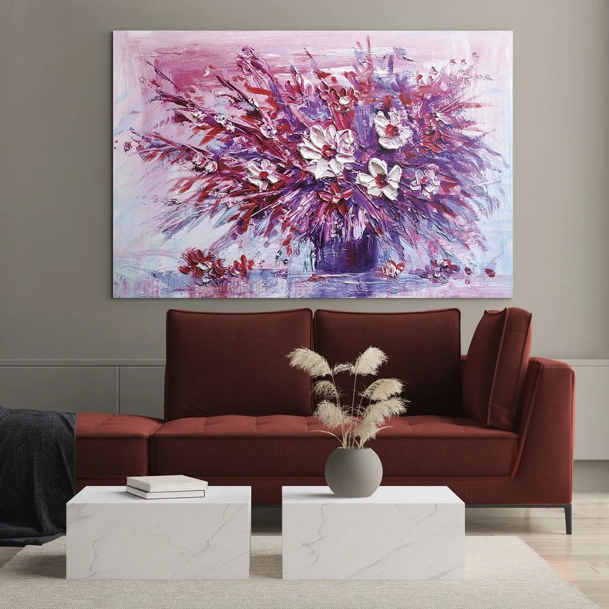 Schilderen op glas - Een boeket bloemen in tinten roze en paars - 70x50cm - Onschuld en passie - Moderne wanddecoratie voor woonkamer en slaapkamer ARTTOR