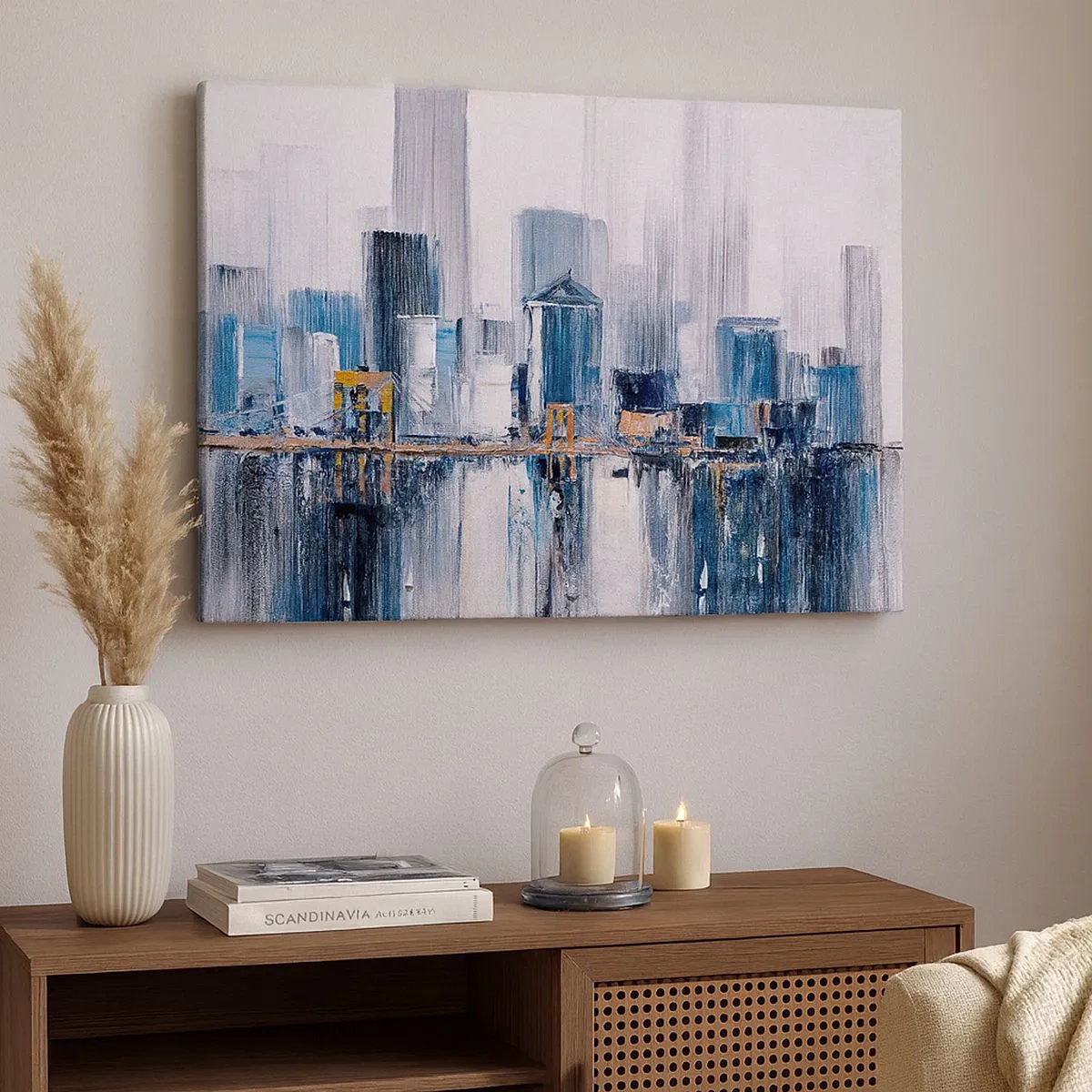 Schilderen op canvas - Abstract stadsgezicht met tinten blauw en geel - 70x50cm - New Yorkse impressie - Moderne wanddecoratie voor woonkamer en slaapkamer ARTTOR