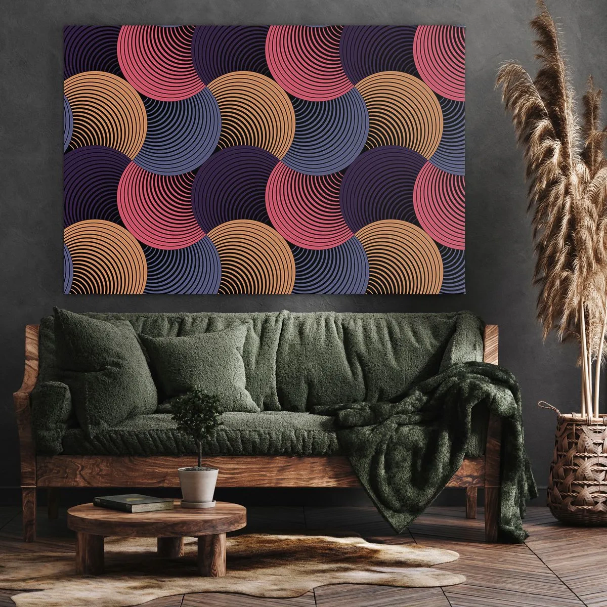 Schilderen op canvas - Geometrische cirkels in tinten roze, paars en goud - 70x50cm - In een cirkelvormig ritme - Moderne wanddecoratie voor woonkamer en slaapkamer ARTTOR