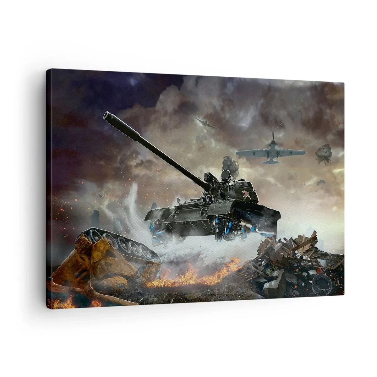 Schilderen op canvas - Gevechtsscène met tanks en vliegtuigen op de achtergrond - 70x50cm - De strijd is verschrikkelijk en mooi - Moderne wanddecoratie voor woonkamer en slaapkamer ARTTOR