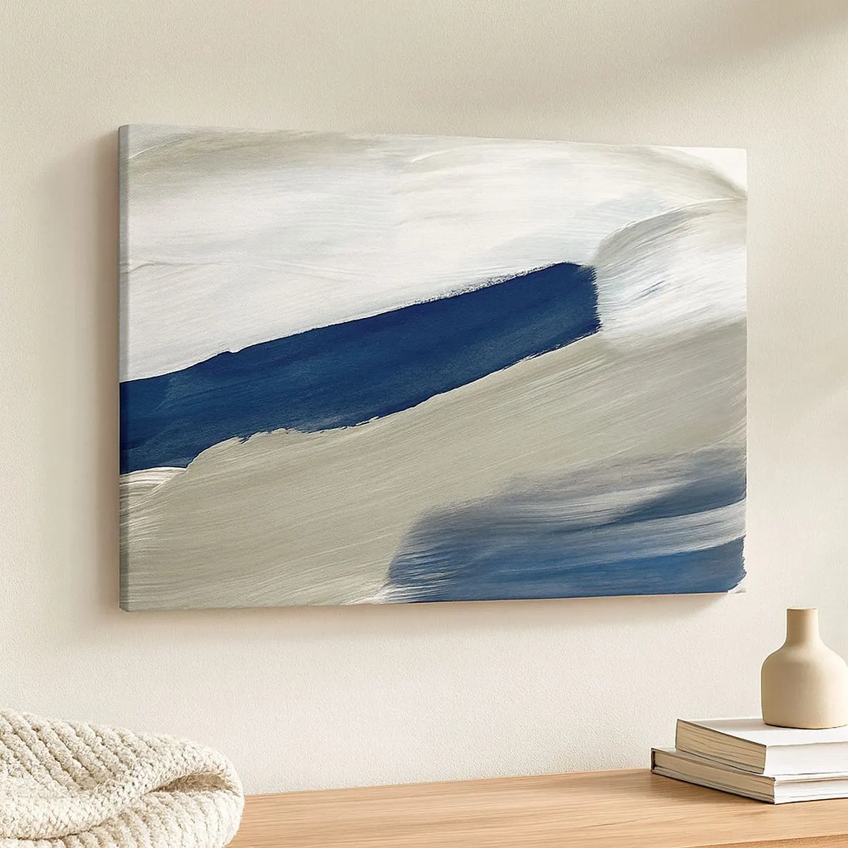 Schilderen op canvas - Abstracte penseelstreken in tinten blauw en grijs - 70x50cm - Ontmoeting met witheid - Moderne wanddecoratie voor woonkamer en slaapkamer ARTTOR
