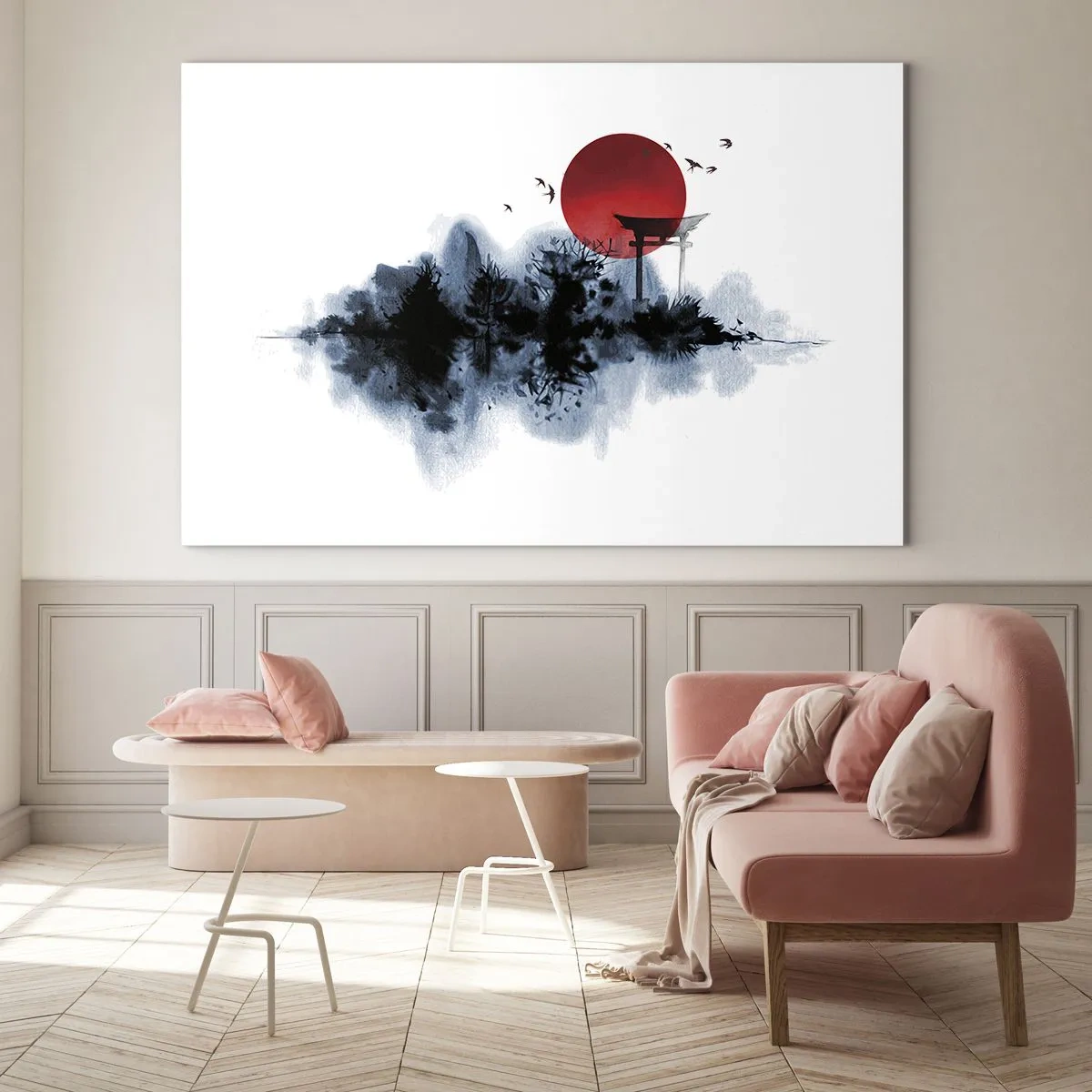 Schilderen op glas - Een minimalistisch landschap met een toriipoort en een rode zon. - 70x50cm - Japanse weergave - Moderne wanddecoratie voor woonkamer en slaapkamer ARTTOR