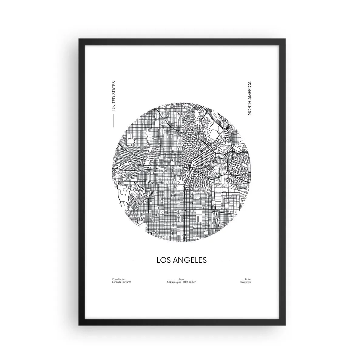 Poster in een zwarte lijst - Een minimalistische kaart van Los Angeles in zwart-wit. - 50x70cm - Anatomie van Los Angeles - Moderne wanddecoratie voor woonkamer en slaapkamer ARTTOR