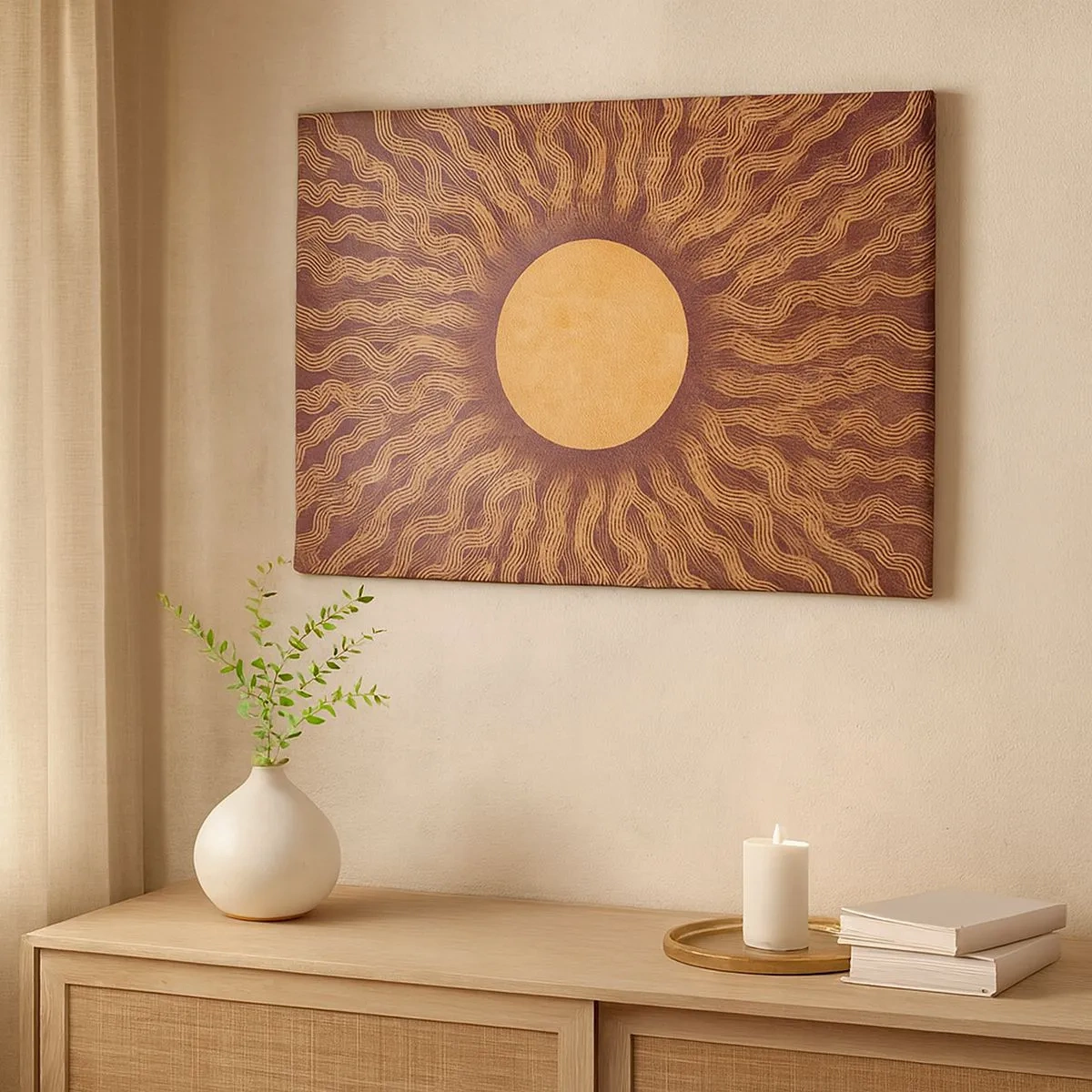 Schilderen op canvas - Zonnig patroon met stralen op een achtergrond in tinten bruin - 70x50cm - Zon icoon - Moderne wanddecoratie voor woonkamer en slaapkamer ARTTOR