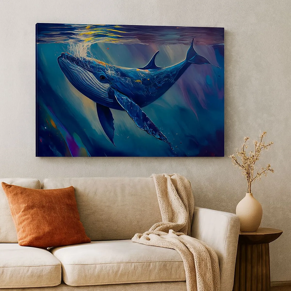 Schilderen op canvas - Een walvis in de diepten van de oceaan in heldere kleuren - 70x50cm - Welkom in mijn wereld - Moderne wanddecoratie voor woonkamer en slaapkamer ARTTOR