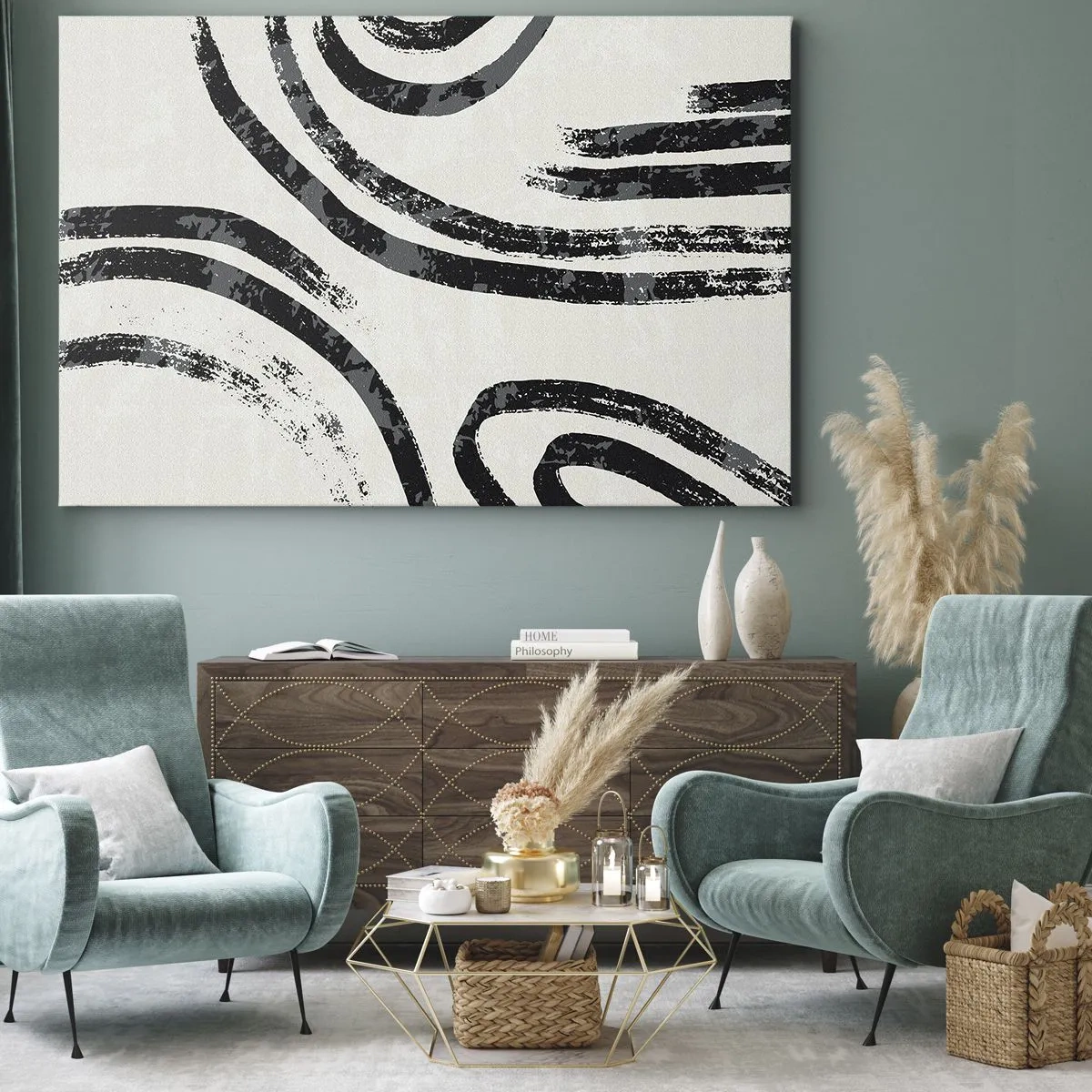 Schilderen op canvas - Zwart-witte abstracte lijnen op een lichte achtergrond - 70x50cm - Half gestopt - Moderne wanddecoratie voor woonkamer en slaapkamer ARTTOR