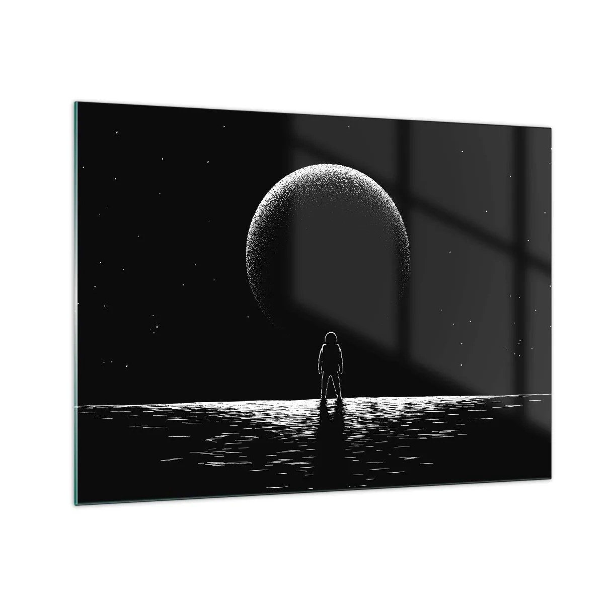Schilderen op glas - Astronaut staat voor een planeet in zwart-wit - 70x50cm - Oog in oog - Moderne wanddecoratie voor woonkamer en slaapkamer ARTTOR
