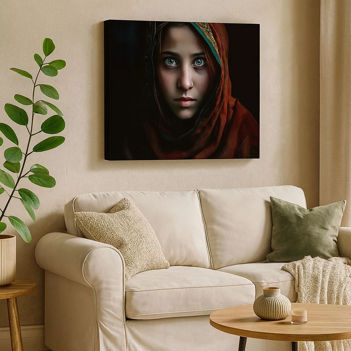 Schilderen op canvas - Portret van een vrouw met een intense blik in warme kleuren - 70x50cm - Oosterse prinses - Moderne wanddecoratie voor woonkamer en slaapkamer ARTTOR
