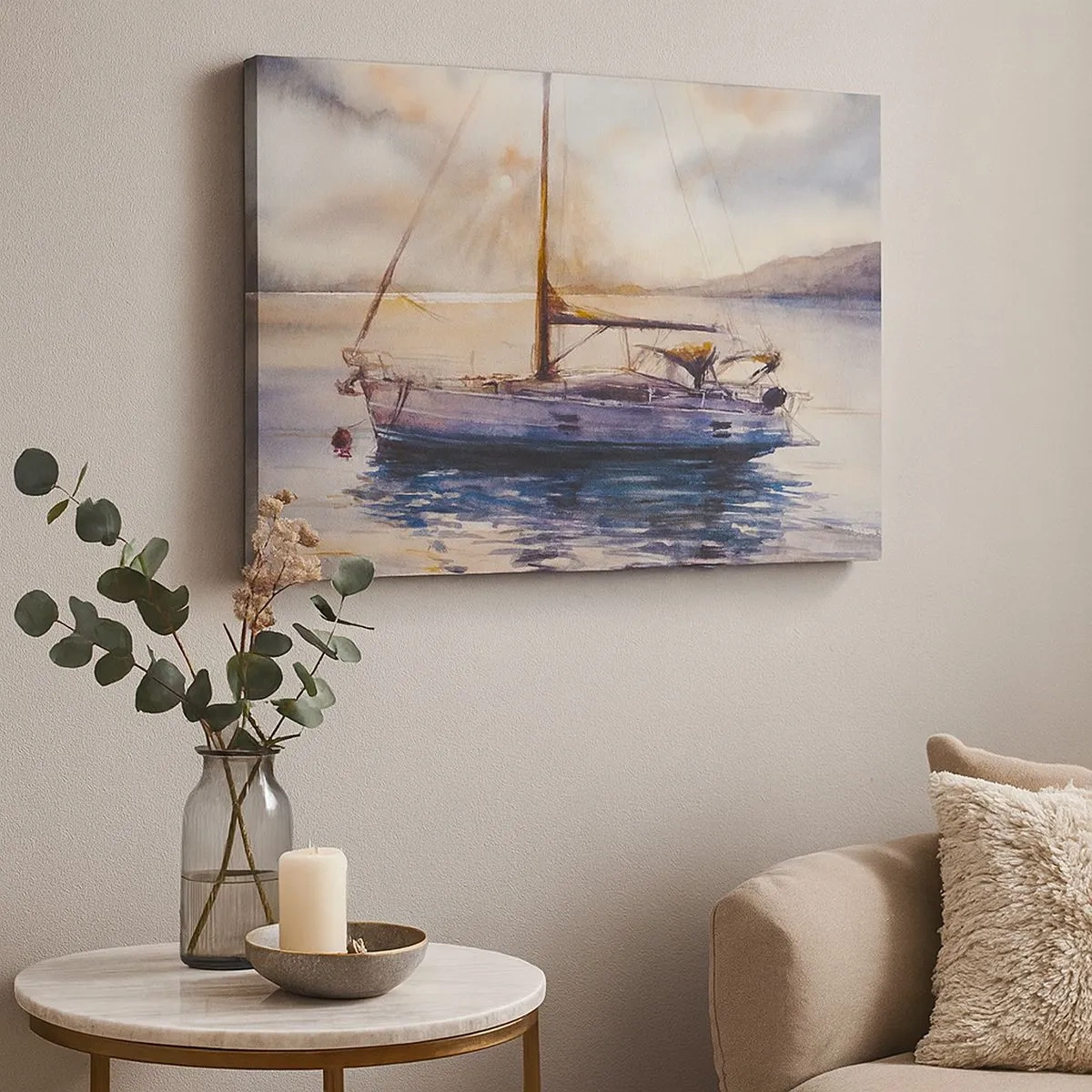 Schilderen op canvas - Een jacht op een kalme zee bij zonsondergang - 70x50cm - Avond aan de baai - Moderne wanddecoratie voor woonkamer en slaapkamer ARTTOR
