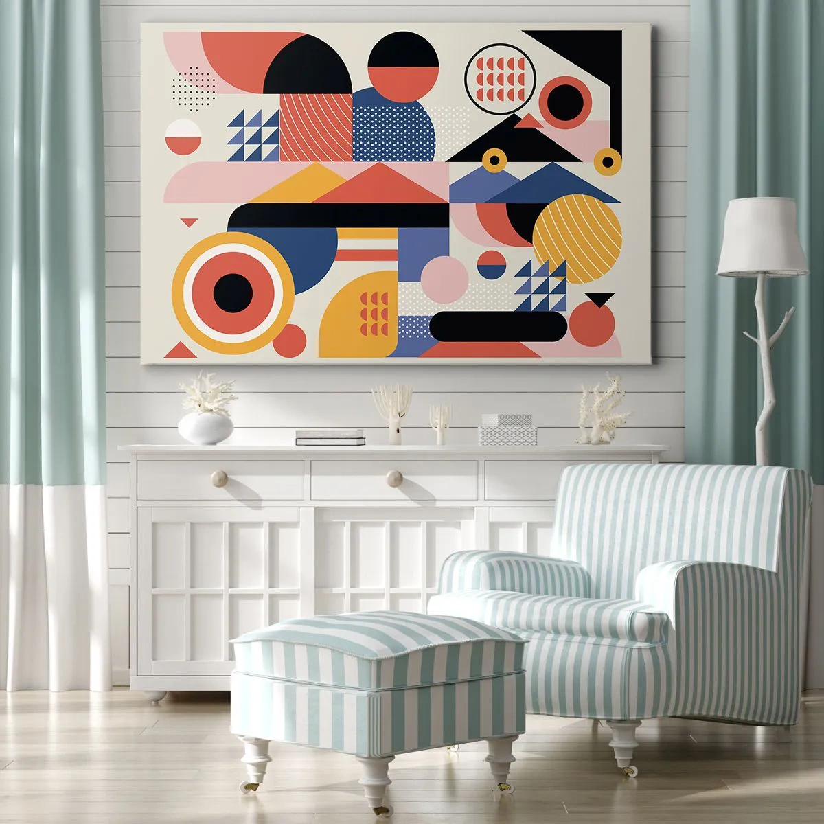 Schilderen op canvas - Kleurrijke geometrische vormen in retrostijl - 70x50cm - Compositie: speel rond - Moderne wanddecoratie voor woonkamer en slaapkamer ARTTOR