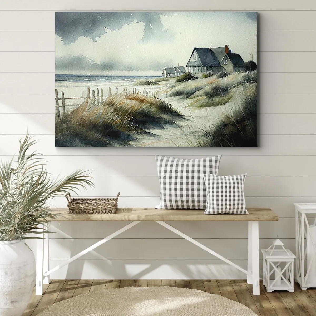 Schilderen op canvas - Een huis aan zee, omgeven door gras en met uitzicht op de zee - 70x50cm - Weg van de drukte - Moderne wanddecoratie voor woonkamer en slaapkamer ARTTOR