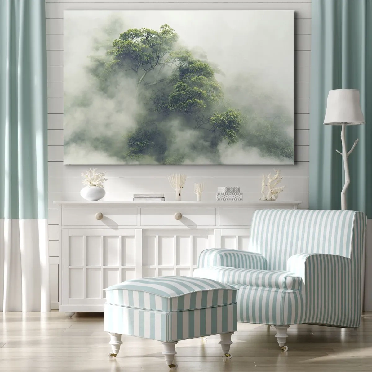 Schilderen op canvas - Groene bomen in dikke mist tegen een natuurlijke achtergrond - 70x50cm - In mist gehuld - Moderne wanddecoratie voor woonkamer en slaapkamer ARTTOR