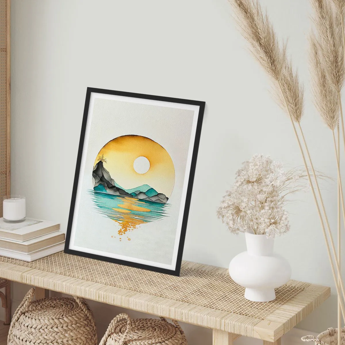 Poster in een zwarte lijst - Een minimalistisch landschap van bergen boven water in gouden kleuren - 50x70cm - In de cirkel van schoonheid - Moderne wanddecoratie voor woonkamer en slaapkamer ARTTOR