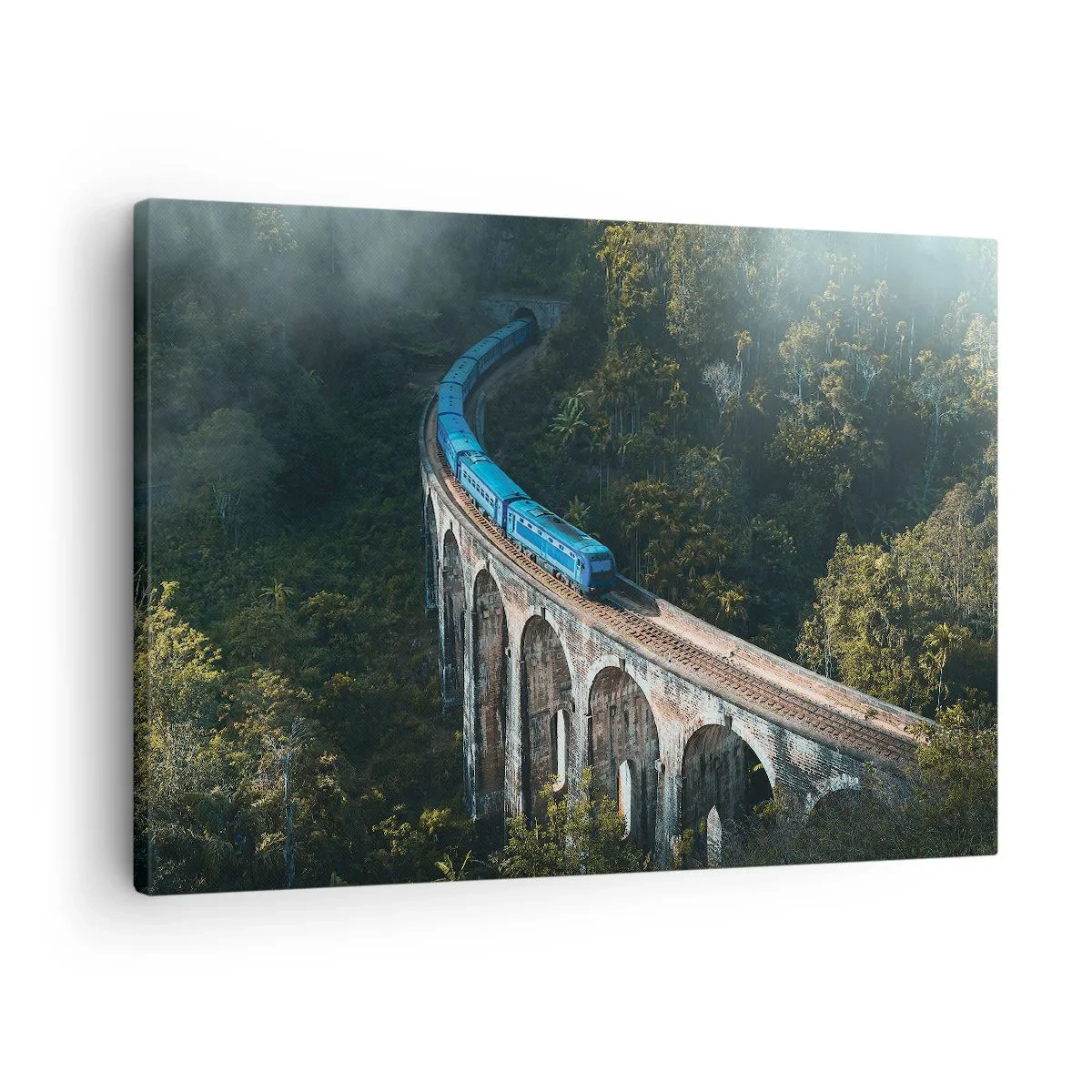 Schilderen op canvas - Een blauwe trein op een historisch viaduct tussen de bossen - 70x50cm - Neiging tot natuur - Moderne wanddecoratie voor woonkamer en slaapkamer ARTTOR