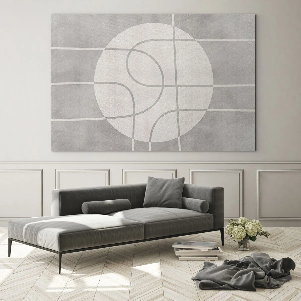 Schilderen op glas - Beige lijnen en cirkels creëren een geometrische compositie - 70x50cm - Rond en rechtdoor - Moderne wanddecoratie voor woonkamer en slaapkamer ARTTOR