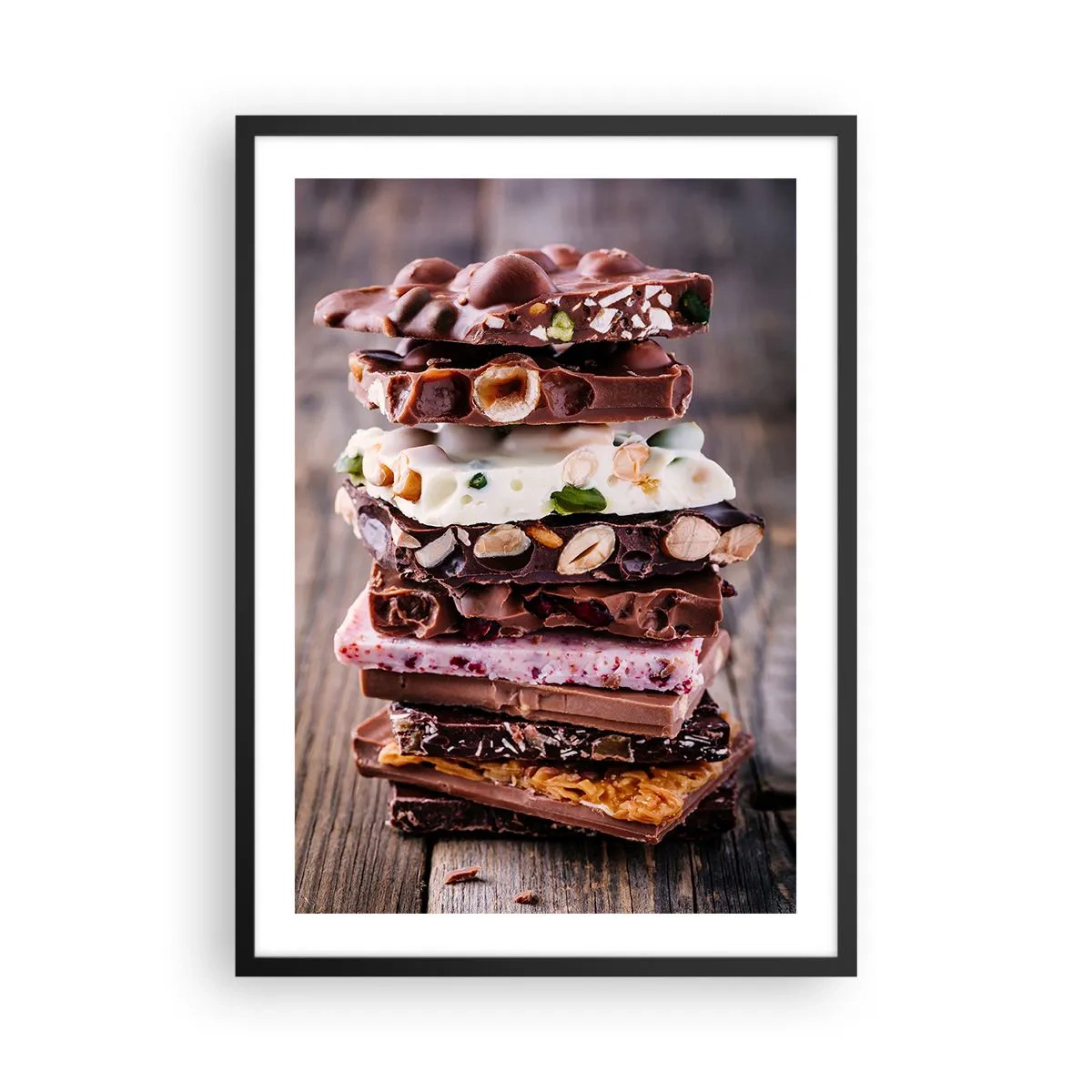 Poster in een zwarte lijst - Een stapel chocolade repen met noten en fruit - 50x70cm - Een heerlijk vooruitzicht - Moderne wanddecoratie voor woonkamer en slaapkamer ARTTOR