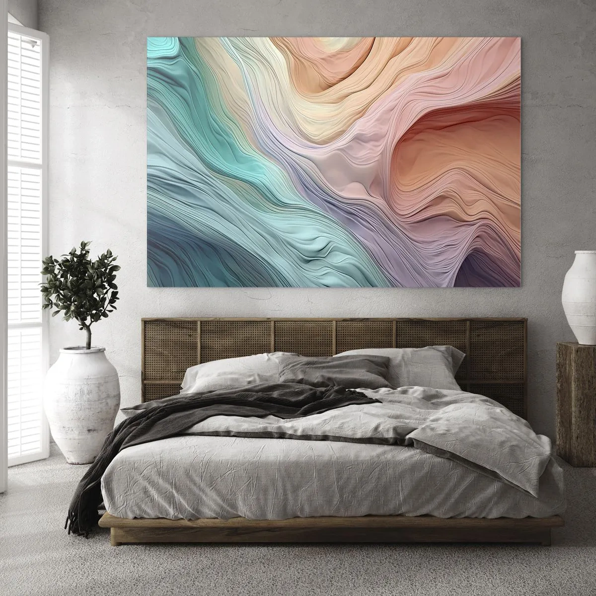 Schilderen op glas - Een kleurrijke abstractie die lijkt op golven en rotsen - 70x50cm - Regenboog golf - Moderne wanddecoratie voor woonkamer en slaapkamer ARTTOR