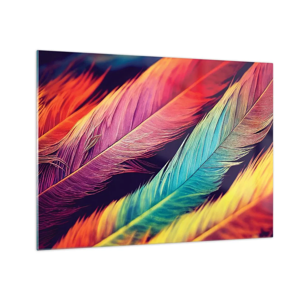 Schilderen op glas - Kleurrijke veren in intense regenboogtinten - 70x50cm - Gevederde regenboog - Moderne wanddecoratie voor woonkamer en slaapkamer ARTTOR