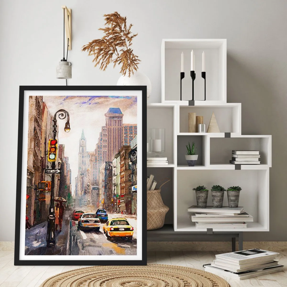 Poster in een zwarte lijst - Stadsstraat met auto's en verkeerslichten - 50x70cm - New York - ook kleurrijk in de regen - Moderne wanddecoratie voor woonkamer en slaapkamer ARTTOR