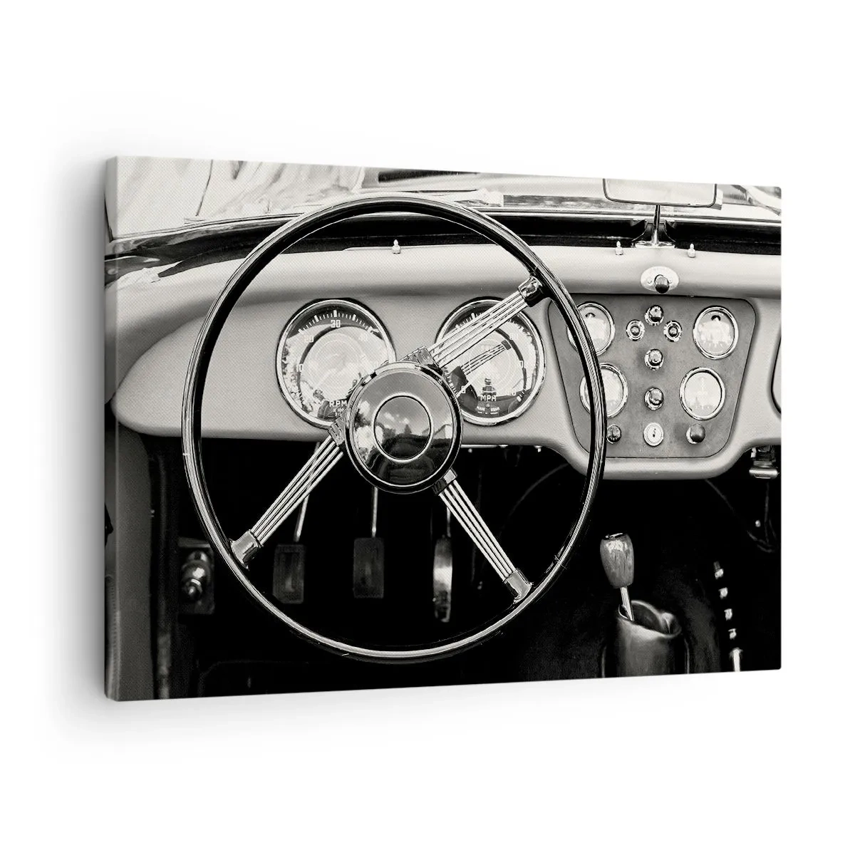 Schilderen op canvas - Zwart-wit klassiek auto-interieur - 70x50cm - De droom van een verzamelaar - Moderne wanddecoratie voor woonkamer en slaapkamer ARTTOR
