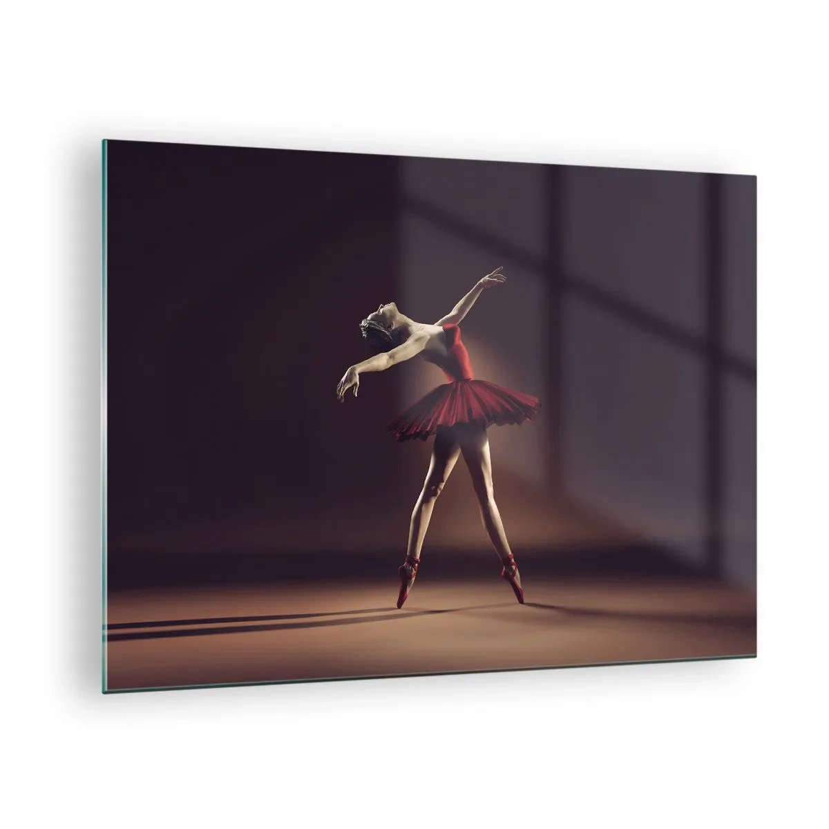 Schilderen op glas - Een ballerina in een rode jurk in een dynamische pose - 70x50cm - Een prima ballerina - Moderne wanddecoratie voor woonkamer en slaapkamer ARTTOR