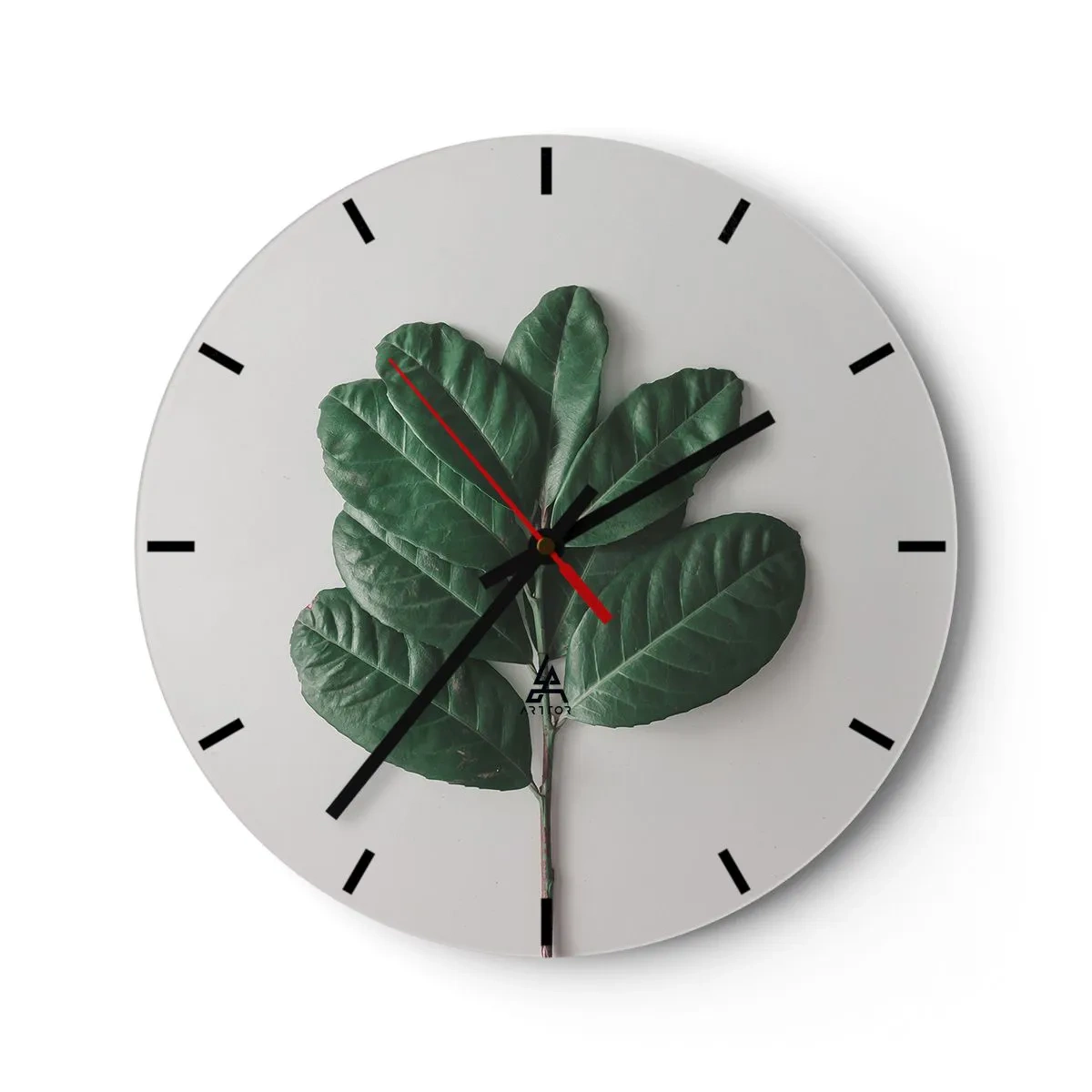 Wandklok - Klok - Een groene tak met grote bladeren op een lichte achtergrond - 30x30cm - Een tekening van de pure natuur - Moderne wanddecoratie voor woonkamer, keuken en slaapkamer ARTTOR