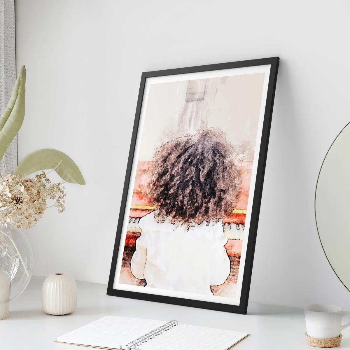 Poster in een zwarte lijst - Een kind met weelderige krullen speelt piano in aquarelstijl - 50x70cm - In de nieuwe wereld - Moderne wanddecoratie voor woonkamer en slaapkamer ARTTOR