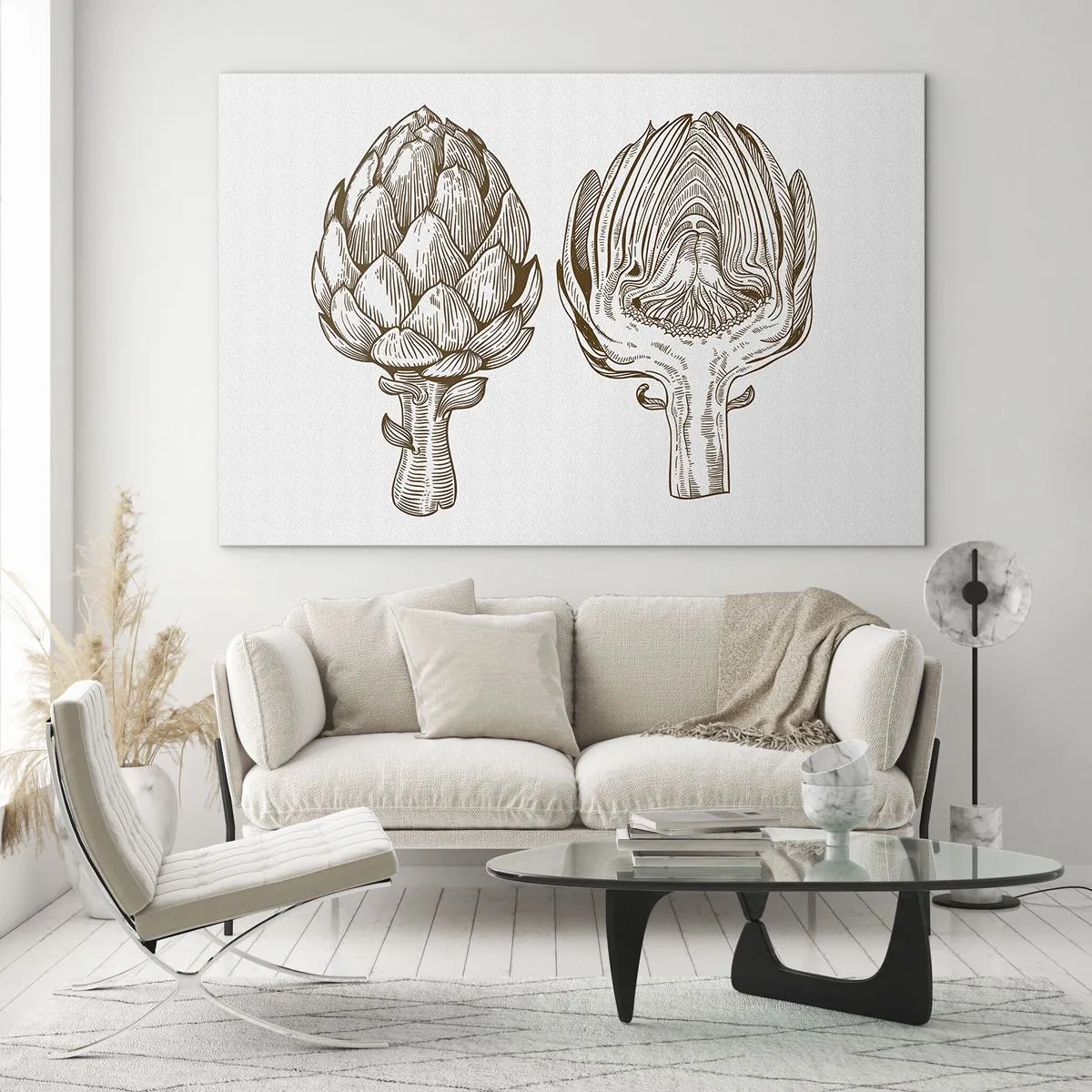 Schilderen op glas - Botanische tekening van een artisjok in zijn geheel en in doorsnede - 70x50cm - Anatomieles - Moderne wanddecoratie voor woonkamer en slaapkamer ARTTOR