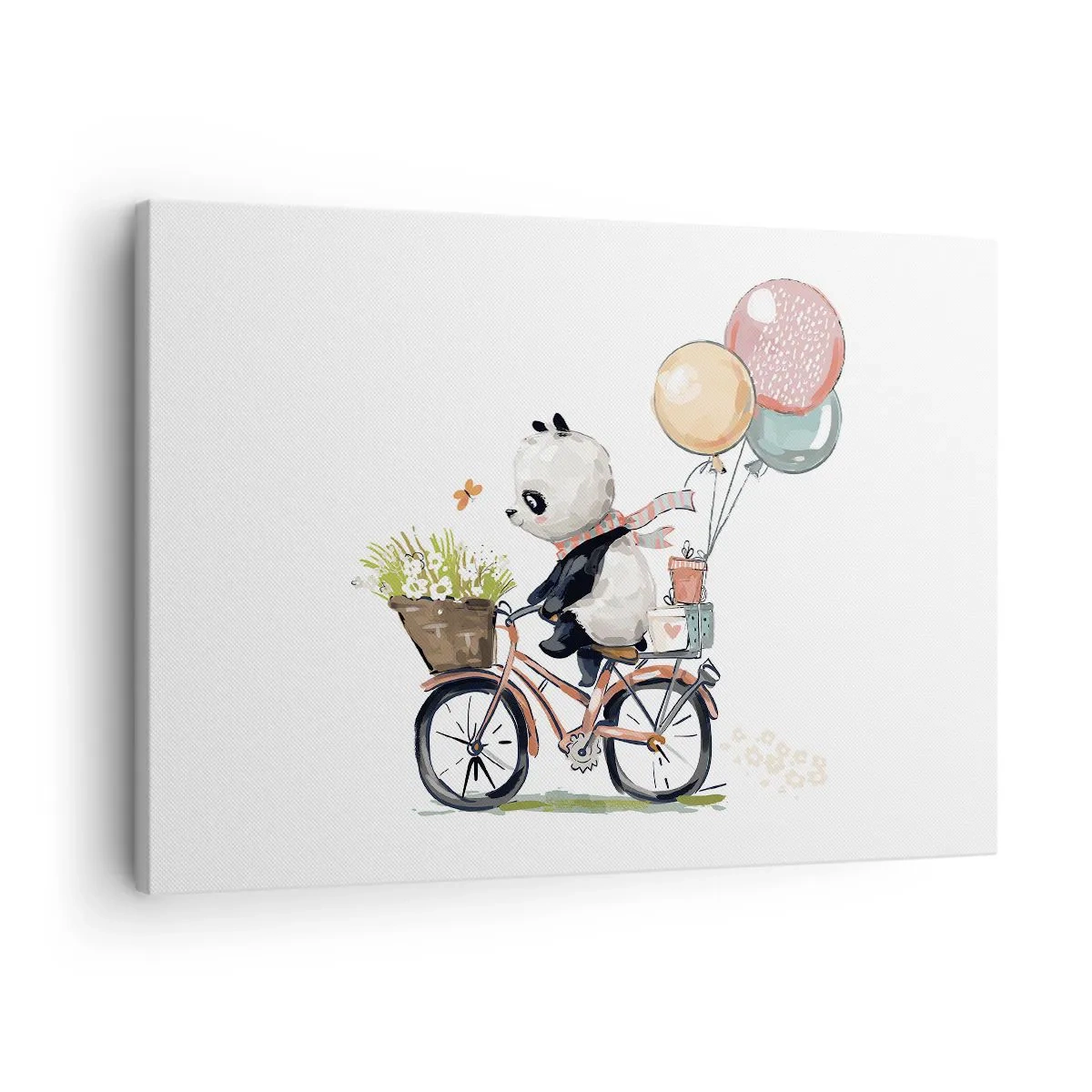 Schilderen op canvas - Panda op een fiets met ballonnen en bloemen - 70x50cm - Vrolijke dag - Moderne wanddecoratie voor woonkamer en slaapkamer ARTTOR