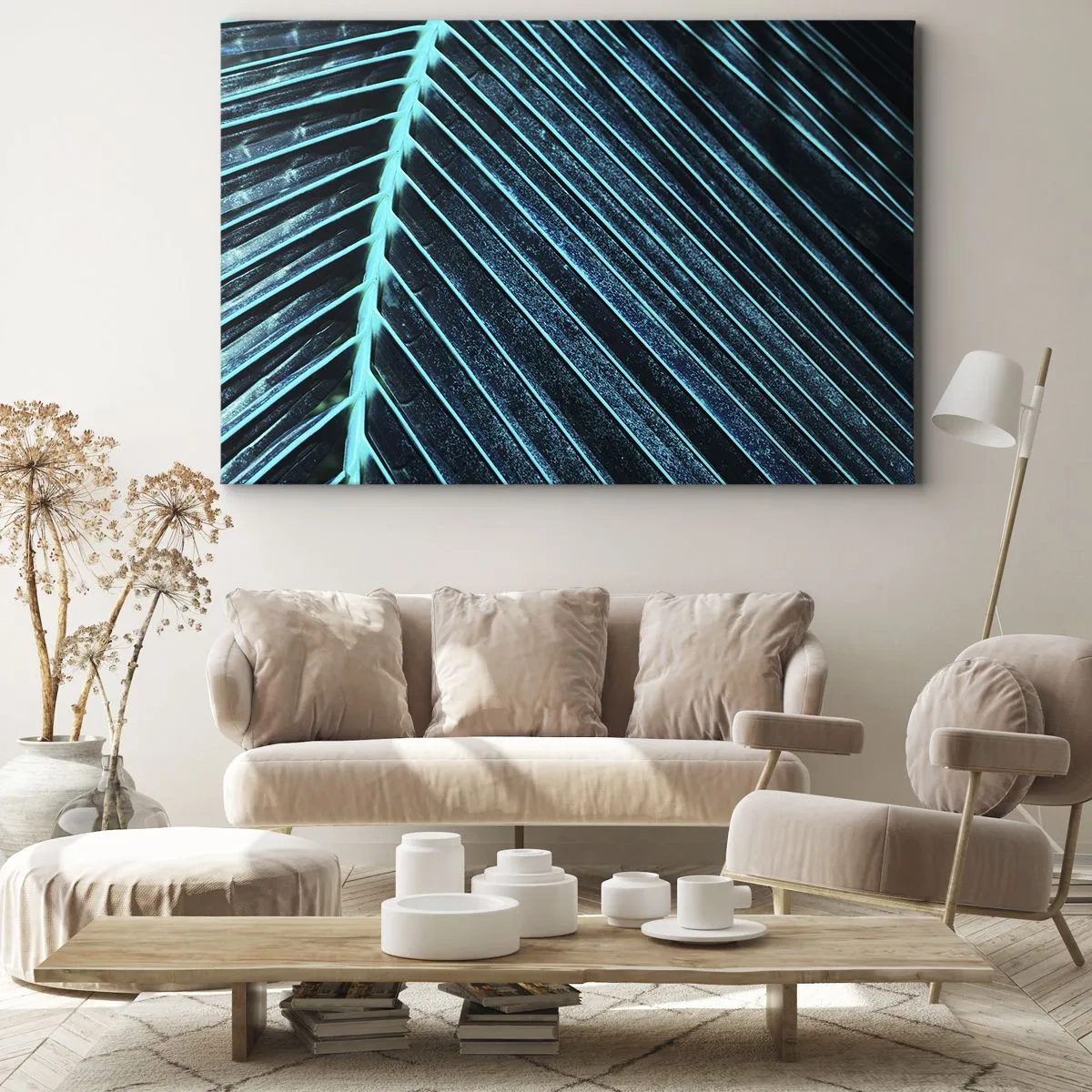 Schilderen op canvas - Macrofotografie van een blad in tinten turquoise en marineblauw - 70x50cm - Groene textuur - Moderne wanddecoratie voor woonkamer en slaapkamer ARTTOR