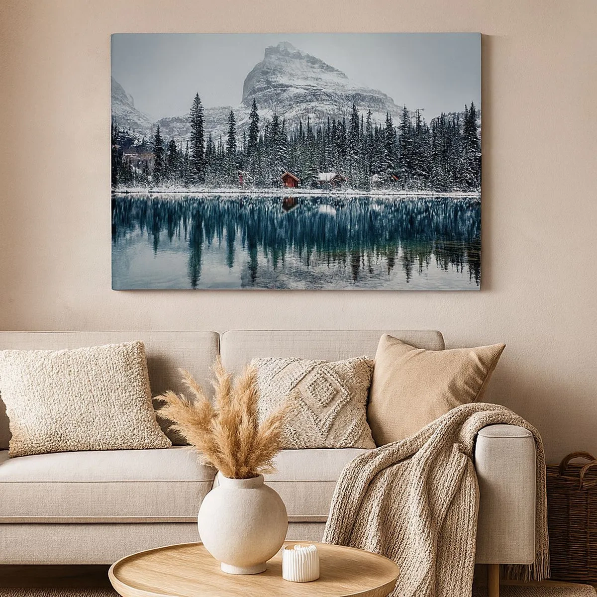 Schilderen op canvas - Winterlandschap met huisjes in het bos bij een bevroren meer - 70x50cm - Canadese stilte - Moderne wanddecoratie voor woonkamer en slaapkamer ARTTOR