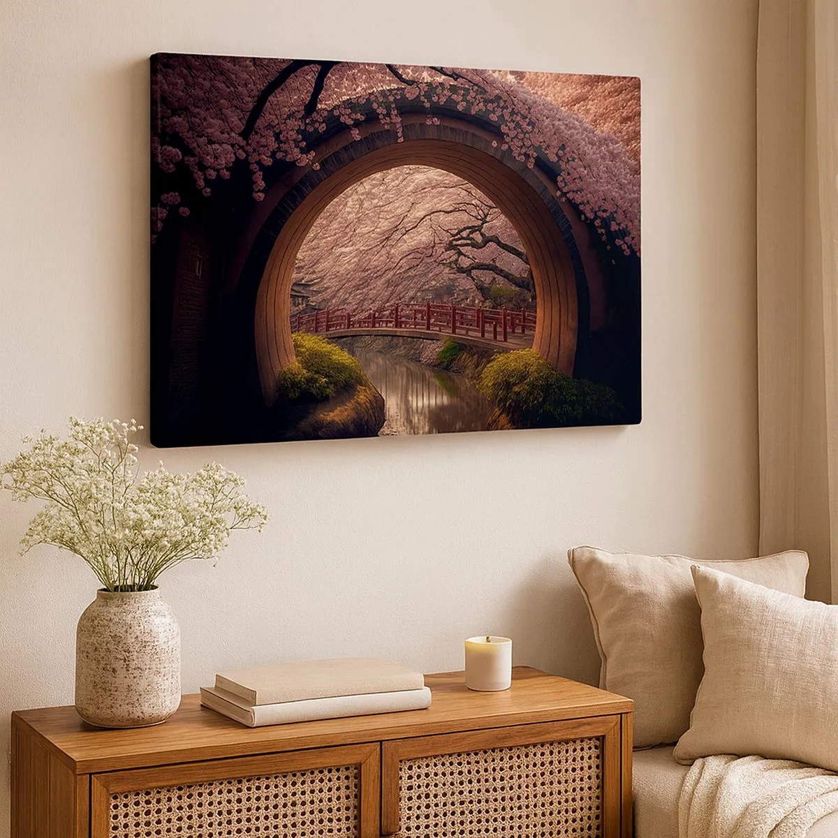 Schilderen op canvas - Een traditionele Japanse brug omgeven door kersenbloesems - 70x50cm - Japanse lente - Moderne wanddecoratie voor woonkamer en slaapkamer ARTTOR