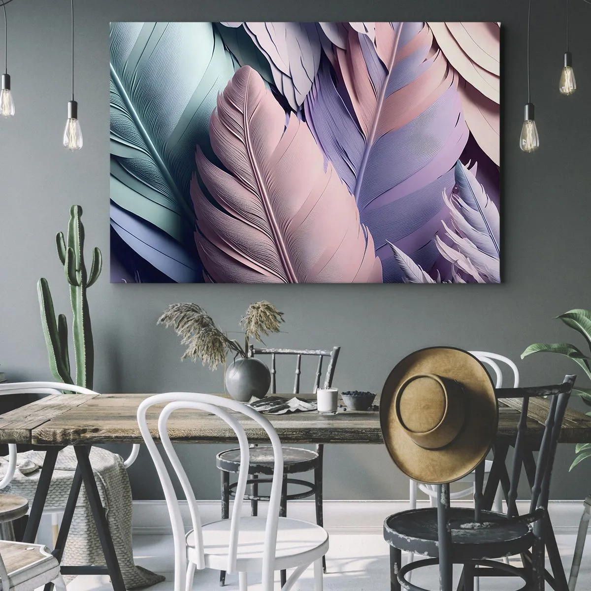 Schilderen op canvas - Kleurrijke veren in pasteltinten op een lichte achtergrond - 70x50cm - Vogel chique - Moderne wanddecoratie voor woonkamer en slaapkamer ARTTOR